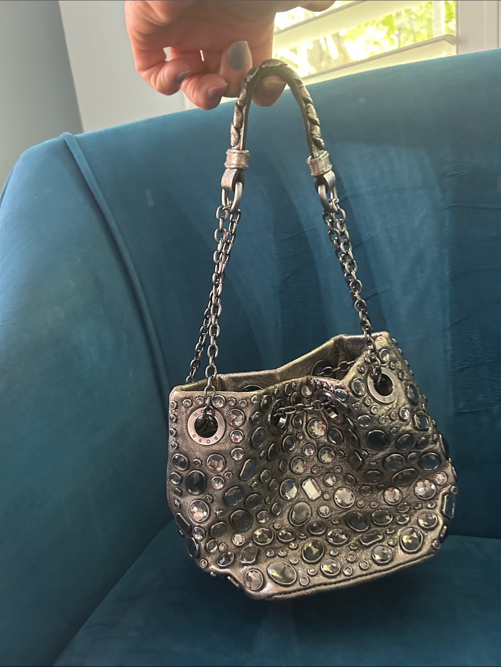 Vintage Hugo Boss Studded Metallic Leather Shoulder Bag - Silver